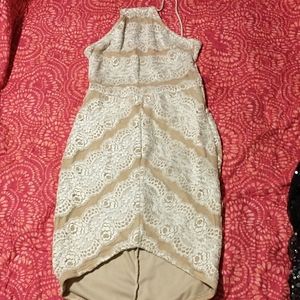 Lace halter tie, open back hi low dress